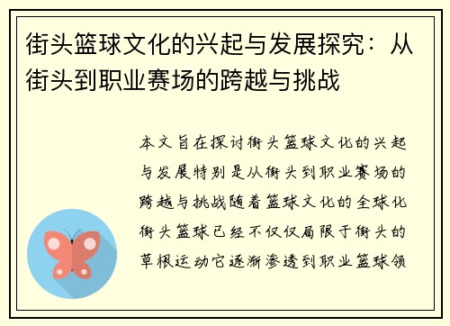 街头篮球文化的兴起与发展探究：从街头到职业赛场的跨越与挑战